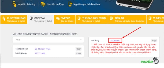 cách chuyển tiền vào five88 codepay