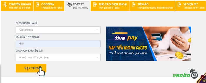cách nạp tiền five88 nhanh nhất