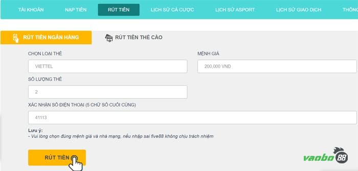cách rút tiền five88 qua thẻ cào