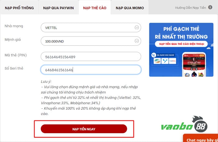 cách nạp tiền red88 qua thẻ cào