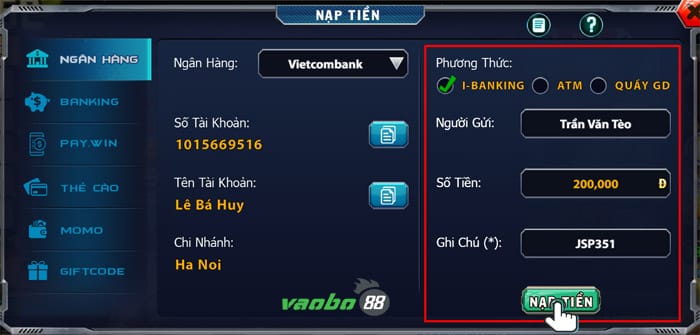 hướng dẫn nạp tiền cổng game b52