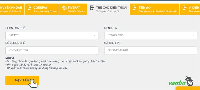 nạp tiền five88 qua thẻ cào