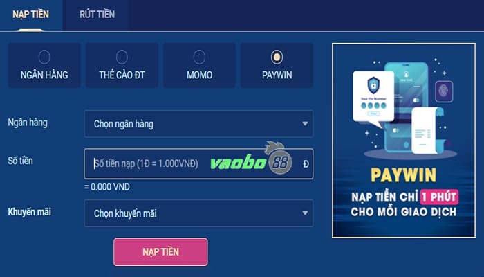 Nạp tiền one88 bằng Paywin