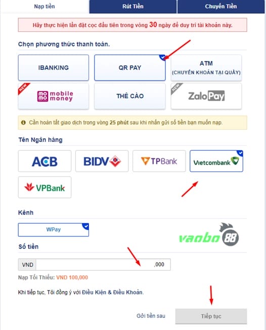 Nạp tiền Sbobet QR Pay