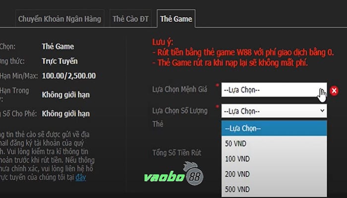 Rút tiền w88 thẻ game