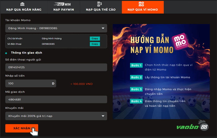 cách nạp tiền sv88 ví momo