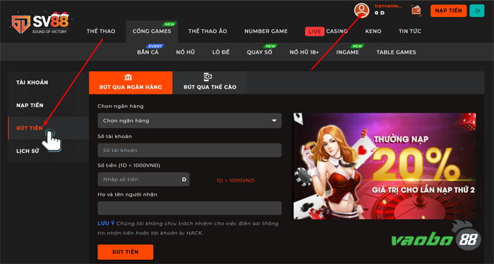 hướng dẫn rút tiền sv88